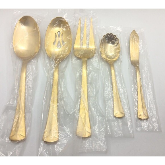 Reed & Barton Baquette Matte Gold 5 Piece Server Set 18/10 Stainless Flatware - Picture 8 of 8